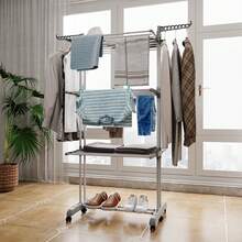 LIVINGANDHOME Grey 3-Tier Foldable Rolling Clothes Drying Rack With Shoe Storage, Metal And PP Material, Space Saving Laundry Organiser - Gray 76cm W X 50cm D X 170cm H - View 3