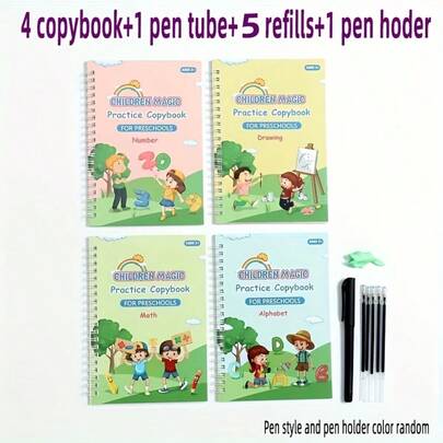 Bộ 1 cuốn vở + 4 tập + 1 bút + 5 ruột vở + 1 hộp đựng bút, Vở học tập thần kỳ, Vở luyện tập, Vở tập viết, Vở từ vựng kỳ diệu, Vở bài tập giáo dục, Giúp học sinh yêu thích việc học, Nhiều kiểu dáng khác nhau.
