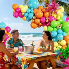 Este set de arco de globos tropical de verano incluye 149 globos de color naranja, rosa brillante, amarillo, azul, verde y dorado, así como globos de papel de aluminio con forma de estrella. Es adecuado para decorar fiestas con temática hawaiana, baby showers, fiestas de revelación de género, despedidas de soltero/soltera, fiestas de disfraces, bautizos y fiestas de cumpleaños. - Ver 2