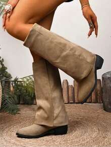 Suede Knee-High Boots For Autumn/Winter, French Style With Chunky Heel And Pointed Toe. Ref 9002 - Beige - View 3