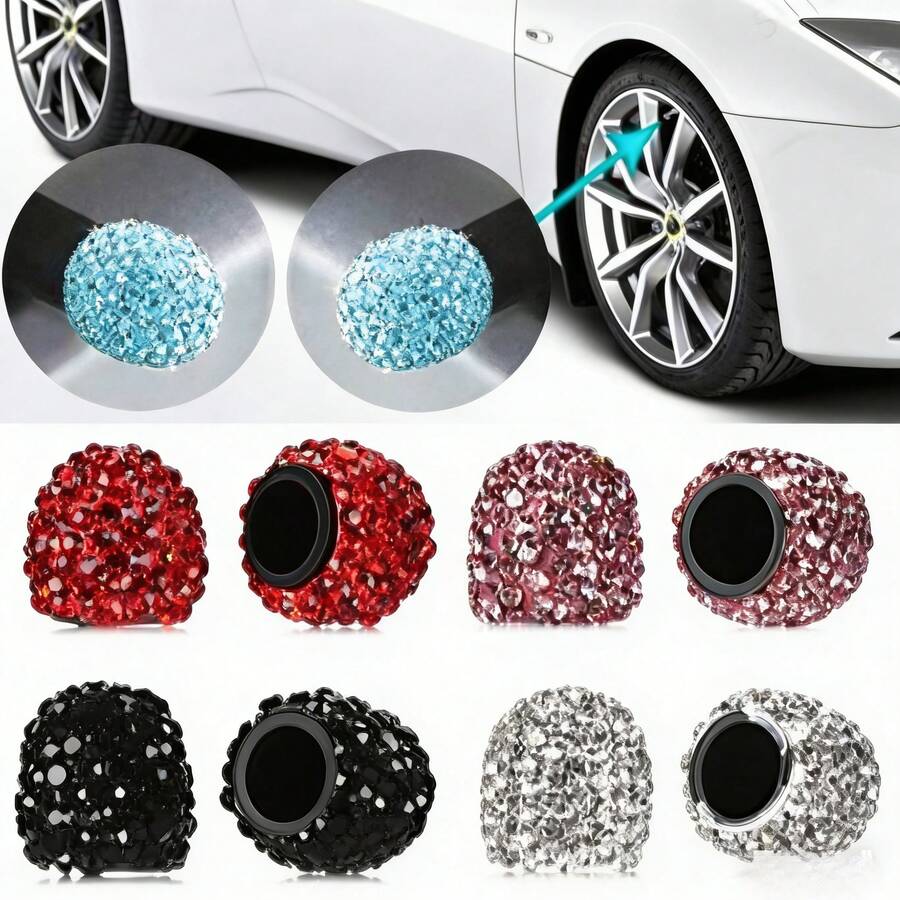 4 piezas Tapas de válvula de neumático de coche con diamantes incrustados - Tapas de válvula con base de cerámica y diamantes brillantes, universales para coches, SUV, camiones, motocicletas y bicicletas - A - Ver 1