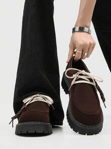 Men's Thick Sole Derby Shoes, Retro British Style Casual Shoes, Versatile Plus Size, European And American Ins Style, Men's Low-Top Derby Dress Shoes, Low-Top Boots, Men's Vintage Work Shoes Thick Soles, Business Casual, College Style Men's Slip-On Loafers, Faux Suede Material Black Shoes, Size 39-46 - Brown - View 2