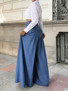 2026 New Spring/Summer Women's Solid Color Casual Elegant Back-To-School, Date, Pleated Wide Leg Pants, Suitable For Valentine's Day, Chinese New Year, Women's Pants, Wide Leg Pants, Women's Trousers, Women's Office Attire, Spring Wear, Office Wear, Elegant Women's , Holiday Women's Attire, Club Wear, Women's Springs, Women's Holiday Wear, Summer Vacation Wear, Women's Birthday - 藍色 - 查看 7
