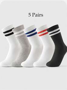 5 Pairs Unisex Parallel Bar Sports Socks, Striped Knee-High Socks For Teenagers - Multicolor - View 1