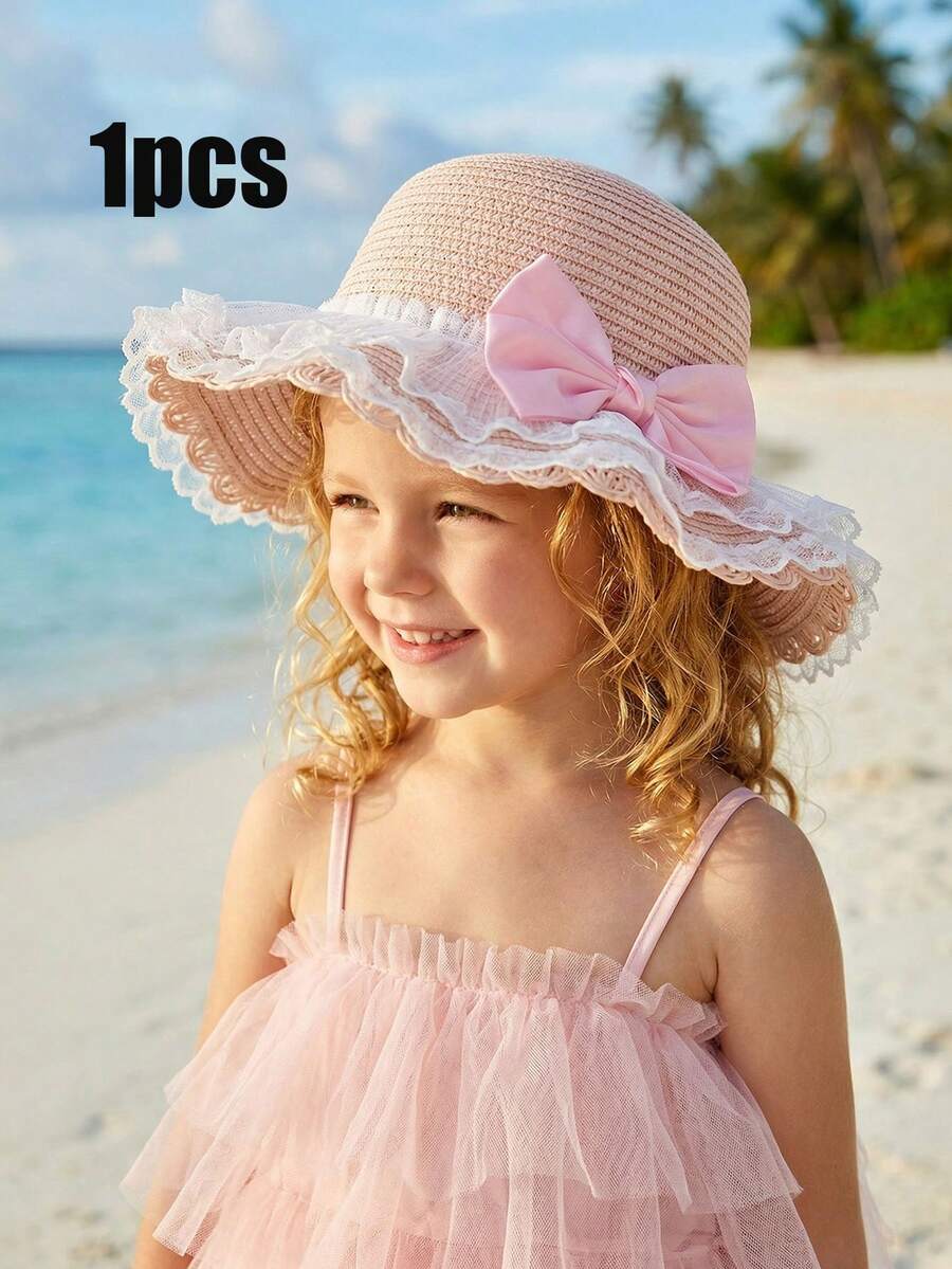 1 pieza Sombrero de paja con gran lazo rosa y volantes ondulados para niñas, sombrero de paja transpirable y ligero para protección solar en verano, playa/deportes al aire libre, apto para niños de 3 a 8 años - 1PC - Ver 1