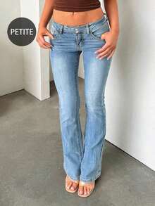 Retro Elegant High Waist Button Slim Fit Low Waist Sexy Casual Washed Solid Color Jeans Spring - 中等水洗 - 查看 2