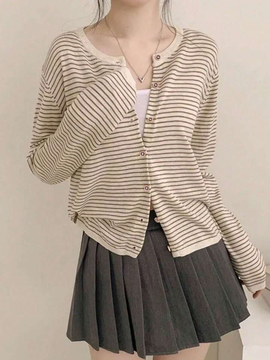 Áo khoác cardigan dệt kim kẻ sọc cho nữ, thiết kế mới độc đáo, áo len mỏng cổ tròn tay dài, chất liệu vải ngẫu nhiên. - Màu be - Xem 1