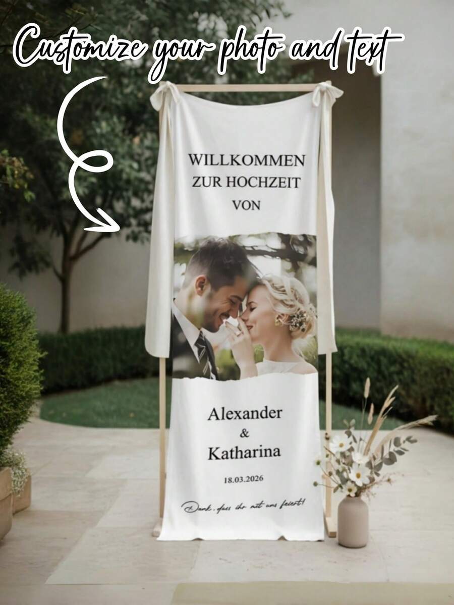 Customized Wedding Banner - Personalized Bride And Groom Photo/Name/Time/Text - Printed, Suitable For Wedding, Engagement Party, Personalized German Banner, Indoor & Outdoor Use, Smooth Texture, German Welcome Cloth, Perfect - Multicolor - View 1