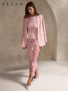 Chân váy midi xẻ tà đính sequin jacquard thanh lịch Aliao, đa năng cho trang phục hàng ngày, phù hợp cho mùa thu, phong cách cổ điển sang trọng, ngày lễ tình nhân, mùa cưới, năm mới và các dịp khác, màu hồng bắt mắt cho mùa xuân. - Hồng - Xem 3
