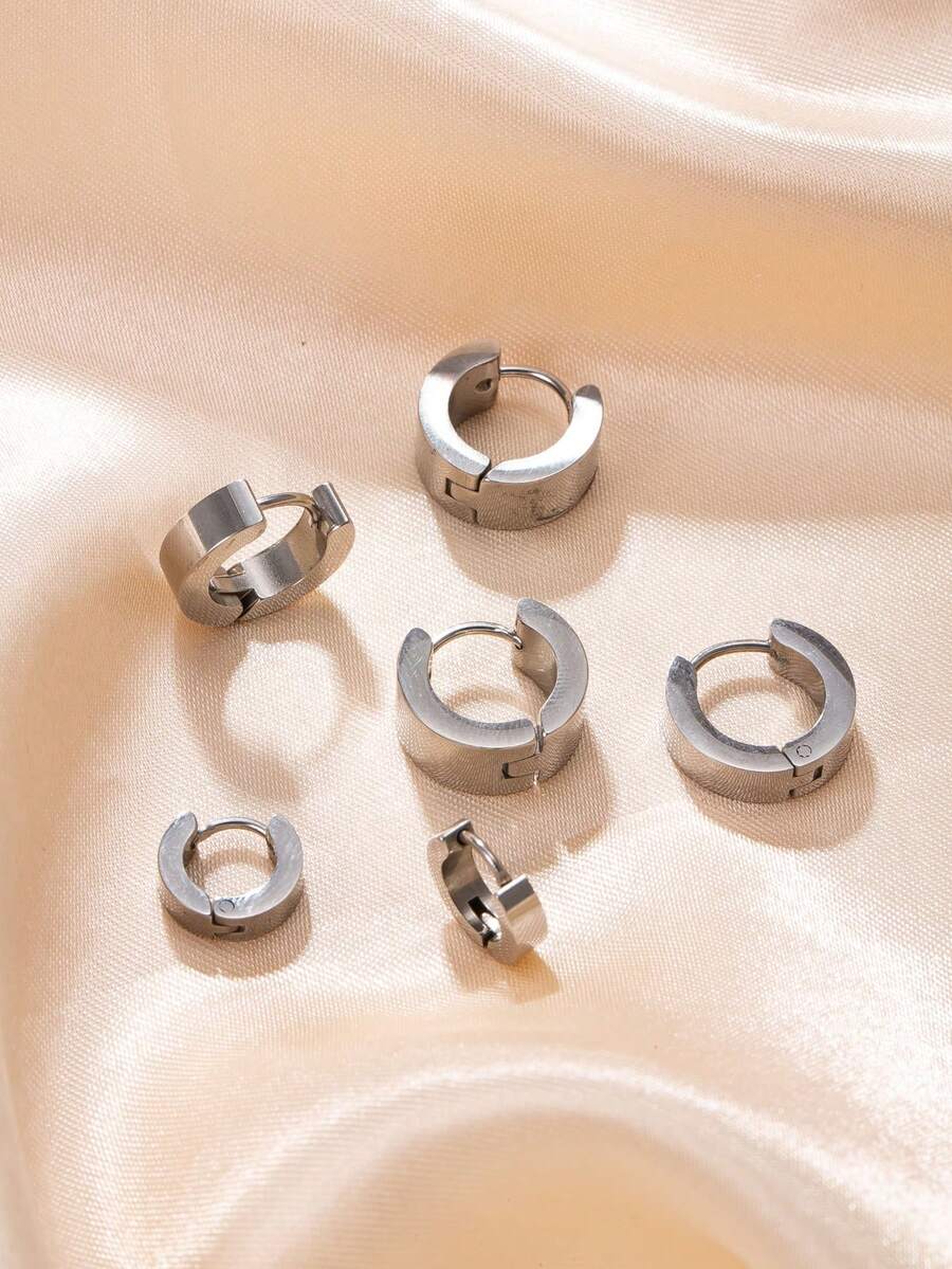 Bộ 2 khuyên tai bằng thép không gỉ màu bạc tối giản, thiết kế vòng tròn hình học dày dặn, khuyên tai kẹp vành tai unisex phù hợp cho phong cách đường phố hàng ngày. - Bạc - Xem 1