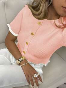 Women's Summer Button Ear Design Beige Knit Top, Elegant Casual Short Sleeve Knit Sweater, Suitable For Dates And Daily Wear - 粉色 - 查看 4