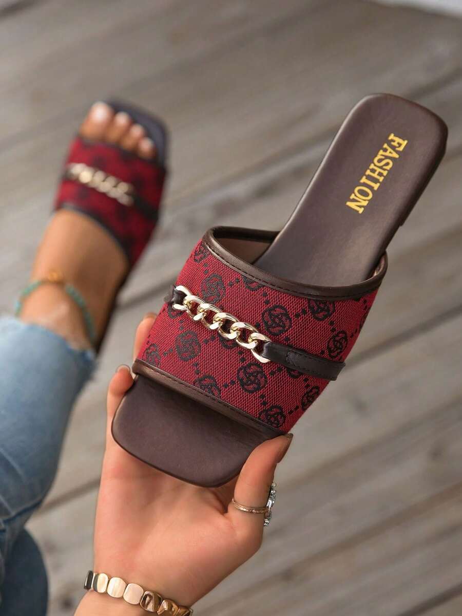 [Sandalias planas casuales] Sandalias planas casuales de verano para mujer con hebilla de cadena, punta abierta, slip-on, suela de TPR - Adecuadas para la playa