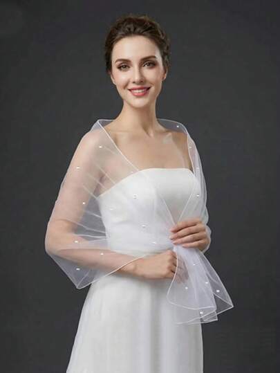 1pc Pearl Chiffon Shawl, Bridal Shawl For Wedding Dress, Milky White Pearl Chiffon Shawl, Bridal Accessory