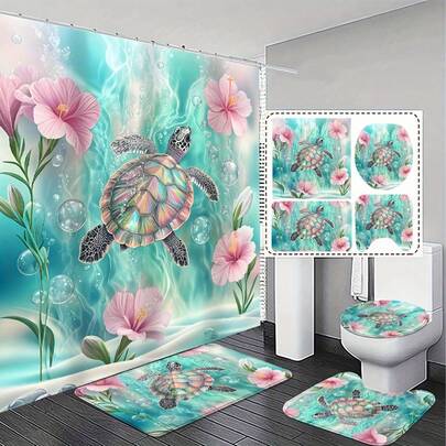 1/2pcs Sea Turtle Series Bathroom Set, Includes Non-Slip Mat, Animal Themed Bathroom Decor, Bathroom Accessories Set Includes Bath Mat, U-Shaped Mat, Toilet Seat Cover, 70.87 X 70.87 Inch Shower Curtain With 12 Hooks
