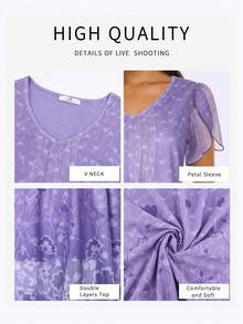 CheersLife Women's V-Neck Short Sleeve Casual Blouse With Double Layer Mesh Loose Top Vacation Summer - Lilac Purple - View 3
