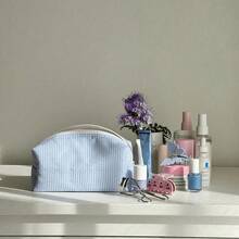 Striped Pattern Fluffy Soft Women's Cosmetic Bag, Zipper Travel Makeup Bag, Cute Plaid Toiletry Bag, Back To School Supplies - 彩色 - 查看 2