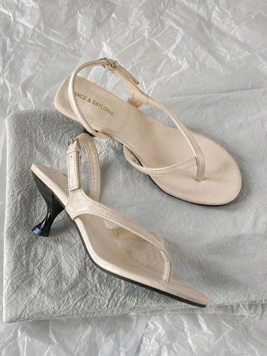 Giày sandal cao gót kiểu Pháp dành cho nữ, sandal da hở mũi gót mỏng mùa hè mới, dép xỏ ngón gót thấp có quai ngang mắt cá chân.