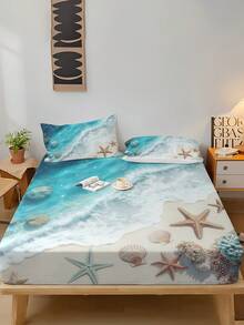 1pc Ocean Beach Theme Fitted Sheet (Fitted Sheet Only, No Pillowcase), Fits Twin/Full/Queen/King Size Bed. Mattress Protector For Bedroom, Guest Room, Dorm, Hotel, Suitable For All Seasons. Gift For Parents, Friends, Partner - Multicolor - View 4