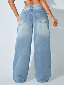 Low Waist Wide Leg Casual Blue Slanted Pocket Curved Women'S Jeans Summer Spring - Teal Blue - View 2