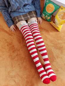 1 Pair Women's Cartoon Cute Thigh High Socks With Thermal Lining, Striped Over-The-Knee Socks - 藍色細條紋 - 查看 6