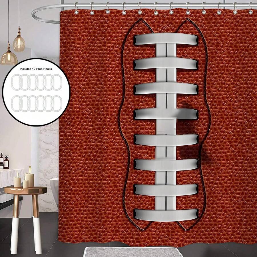 Rèm tắm hình quả bóng bầu dục Mỹ bằng polyester kèm 12 móc treo - Thiết kế quả bóng bầu dục giả da màu nâu trắng chân thực, nền đen có vân, bền và chống phai màu, hoàn hảo cho phòng tắm theo chủ đề, bộ rèm tắm hoàn chỉnh.