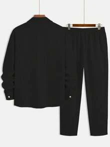 Conjunto de 2 piezas para hombre con camisa casual versátil de manga larga con botones completos y pantalones de unicolor con cordón - Negro - Ver 4