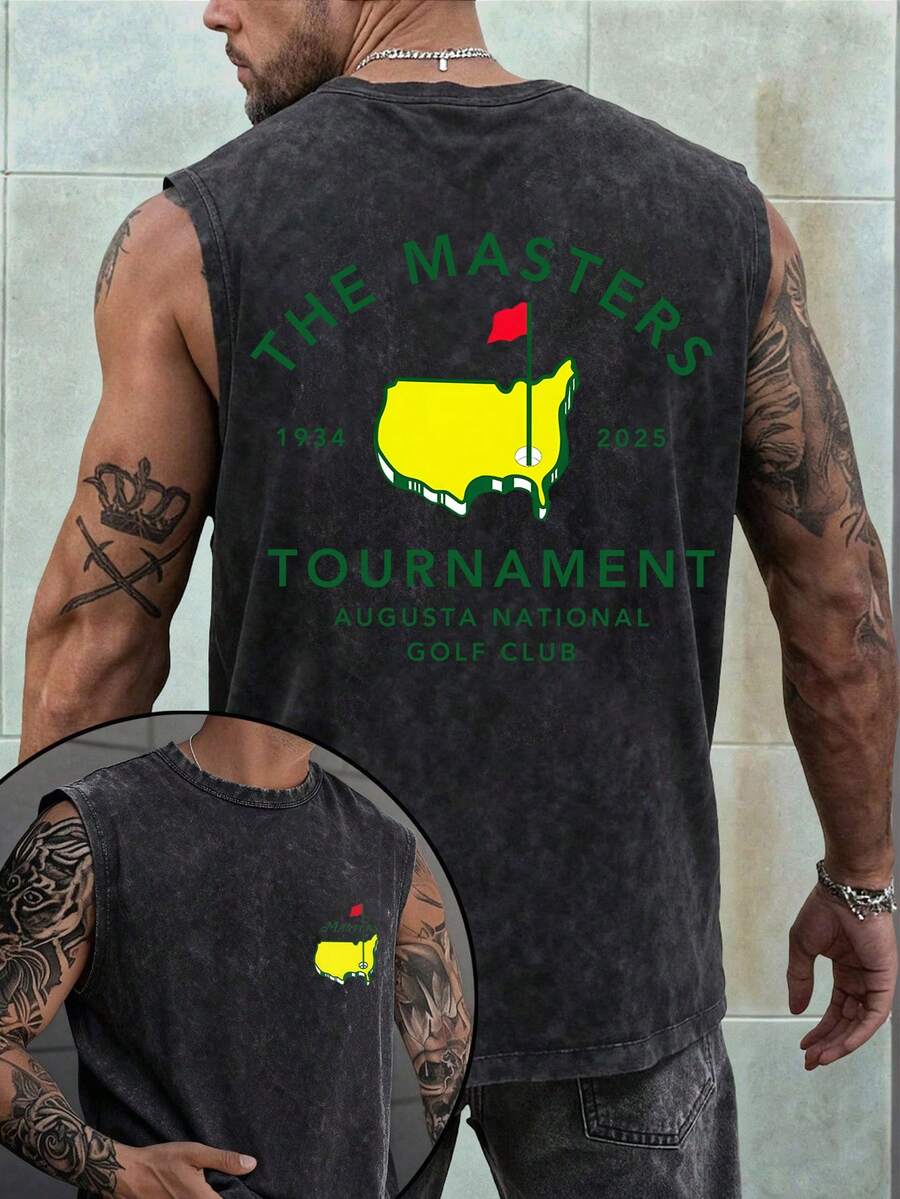 The Masters Tournament Unisex Acid Wash Sleeveless T-Shirt, Augusta National Golf Club 1934-2025 Graphic Tank Top, 230g Heavyweight Cotton Blend, Casual Golf Fan Top, Breathable Summer Wear - 黑色 - 查看 1
