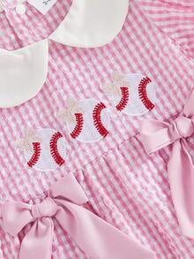 Mono de bebé niña a cuadros, bordado estilo béisbol, cuello de muñeca, manga corta, body para bebé con diadema. - Rosa - Ver 6