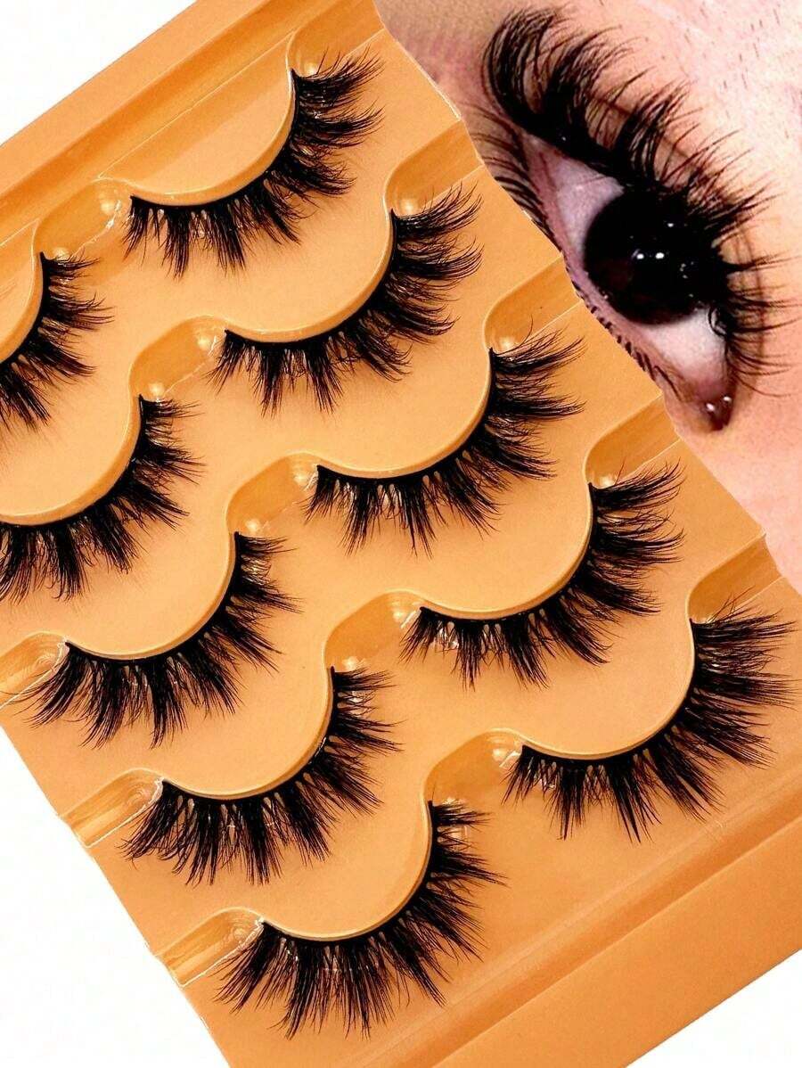 New 5Pairs Manga Lashes Cat Eye Lashes Faux Mink Eyelashes Fox Eye Eyelashes Natural Full False Eyelashes Cosplay Travel Essentials Makeup Tools Strip Lashes, Lashes, Eyelashes, Fake Lashes - 黑色 - 查看 1
