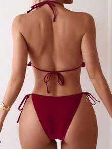 Swim Mod Women's Swimsuit, Two-Piece Bikini Set With Halter Neck, Ruffles And Bow In Solid Color For Summer - 波爾多 - 查看 2