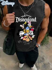 Walt Disney's Disneyland Where Dreams Come True Officially Licensed Men's Sleeveless Graphic Tee, 100% Cotton 230g Washed Vintage Casual Shirt - 黑色 - 查看 3