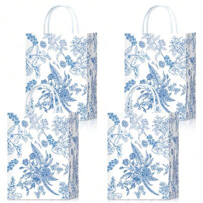 Bộ 10/20/30 túi quà họa tiết hoa văn kẻ sọc xanh dương, túi tote dự tiệc màu xanh trắng có quai xách, trang trí cành cây thêu kiểu Trung Quốc, thích hợp cho tiệc cưới, sinh nhật.