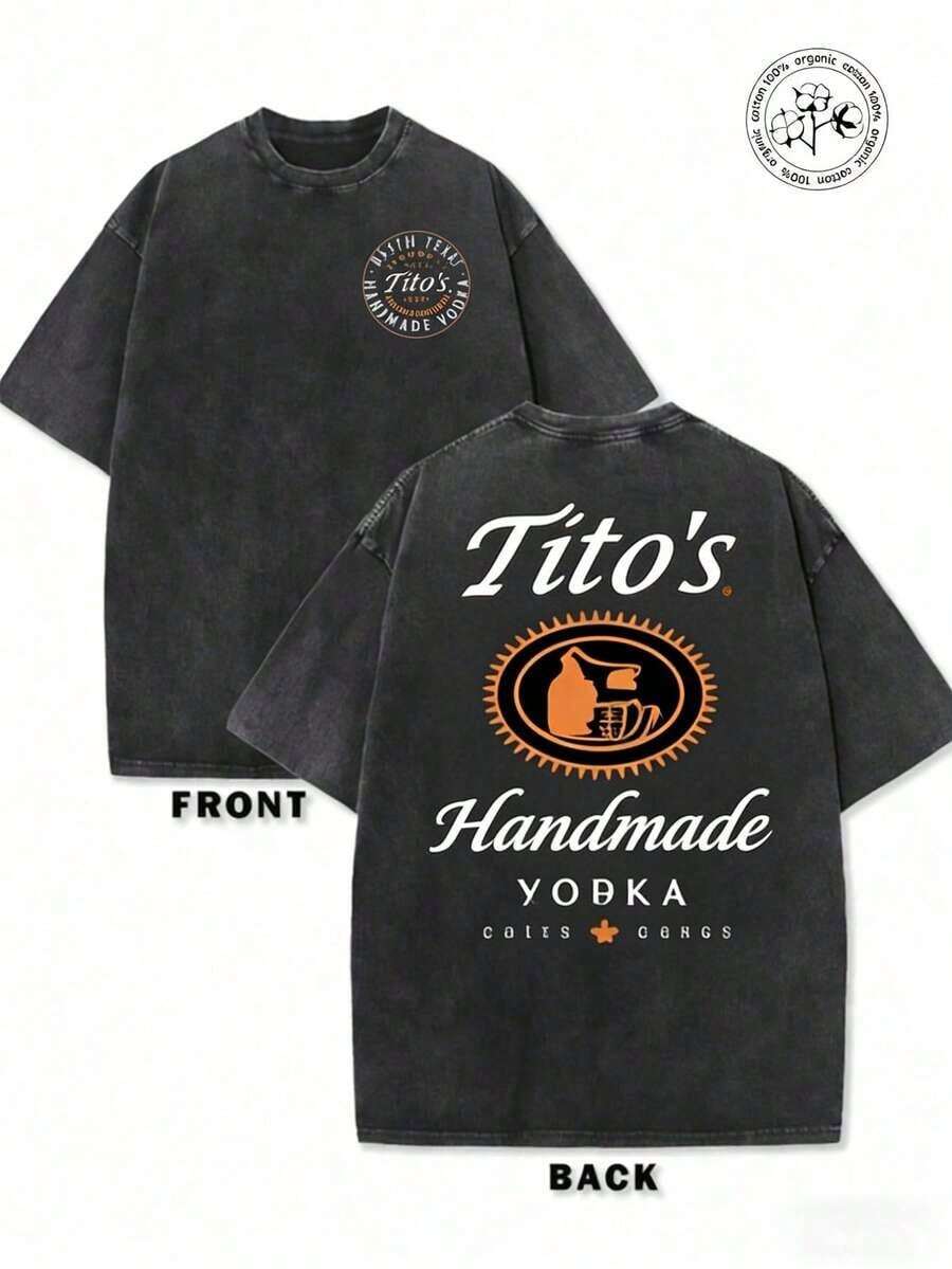 1PC 230g Washed And Used T-Shirt, Front Tito's Handmade Vodka Logo, Back With "AUSTIN TEXAS Tito's HANDMADE Vodka" Circular Text And Brand Logo, Tito's Vodka Theme Summer Tops Summer Clothes Shirts Spring Outfits For Women Summer Graphic Tees Women T Shirts - Đen 3 - Xem 1