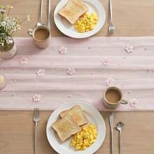 Soft Pink Floral & Pearl Chiffon Table Runner, Ideal For Seasonal Dining, Holidays, Weddings, Birthdays, Bridal Showers, And Perfect Home Decor For Family Gatherings - Pink - View 6