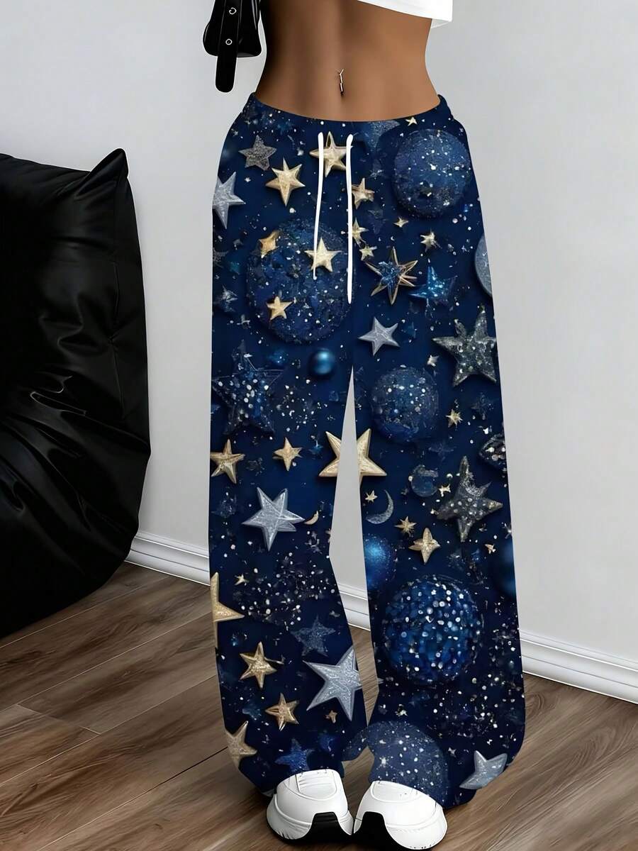 Women Casual Loose Wide Leg Pants Dark Blue Cosmic Galaxy Stars And Planets Print Comfortable Sweatpants For Leisure And Sports Activities - 彩色 - 查看 1