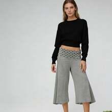 Women's Solid Fold-Over Waist Capri Pants, Casual Low Rise Wide Leg Cropped Trousers - 深灰色 - 查看 5