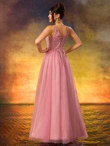 Mesh Patchwork Sequin Formal Evening Bridesmaid Dress Wedding Spring - Blush - View 6