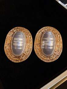 1 Pair Metal Asymmetrical Ruched Striped Ellipse Pearl Earrings, Vintage Chic High-End Retro Personalized Exaggerated Medieval Style Big Earrings, Gift For Women, Girls, Wedding, Party, Anniversary - 銀色 - 查看 4