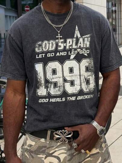 Maglietta da uomo con slogan "God's Plan" e stampa numerica 1996, stile vintage lavato acido religioso da strada, colore grigio
