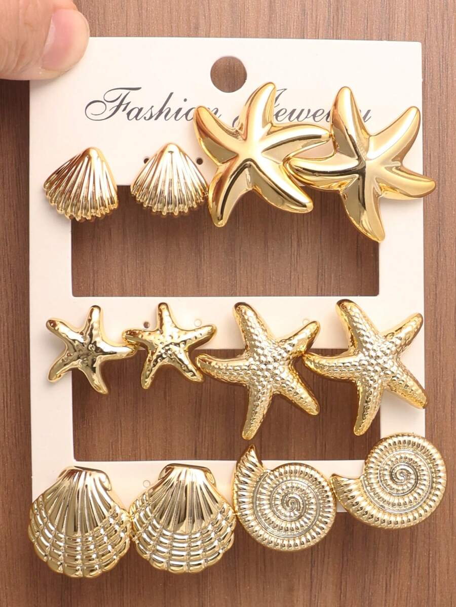 Bộ 2-12 bông tai hình vỏ sò, sao biển, quạt bằng nhựa cao cấp phong cách Boho màu vàng, thích hợp làm quà tặng Ngày của Mẹ, đi làm, dự lễ hội âm nhạc, du lịch. - Nhiều màu - Xem 1