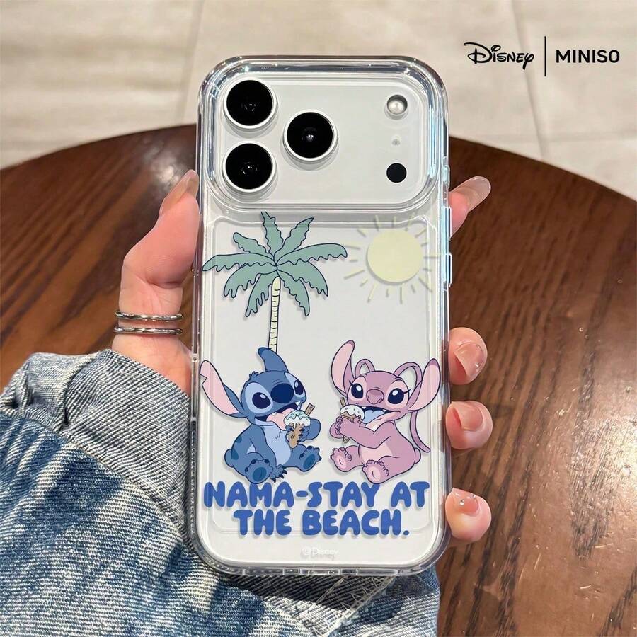 Disney Stitch And Angel "NAMA-STAY AT THE BEACH" Tropical Ice Cream Pattern Phone Case, Casual Cute Disney Accessory Suitable For IPhone 17/17 Pro/17 Pro Max/17 Air/16/15/14/13/12/11/X Series Transparent Space Print Phone Case - Clear - View 1