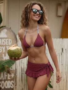 八月假期女士优雅酒红色波点印花系带性感连衣裙比基尼泳衣，随机印花沙滩度假泳装，夏季 - 酒紅色 - 查看 3