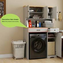 Over The Washer Dryer And Robot Vacuum Storage Cabinet Suitable For Compact Washing Machines Laundry Room Storage Organizer With 1 Laundry Basket 1 Drawer And 2 Adjustable Shelves-Antique White - Trắng + MDF1 - Xem 8