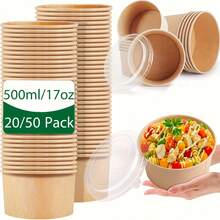 500毫升/17盎司纸碗，20/50个装，带盖，一次性汤碗，散装食品容器，午餐盒，沙拉甜点碗，备餐碗，派对用品，适用于冷热食物，汤，食品包装 - 17oz/500ml - 查看 1