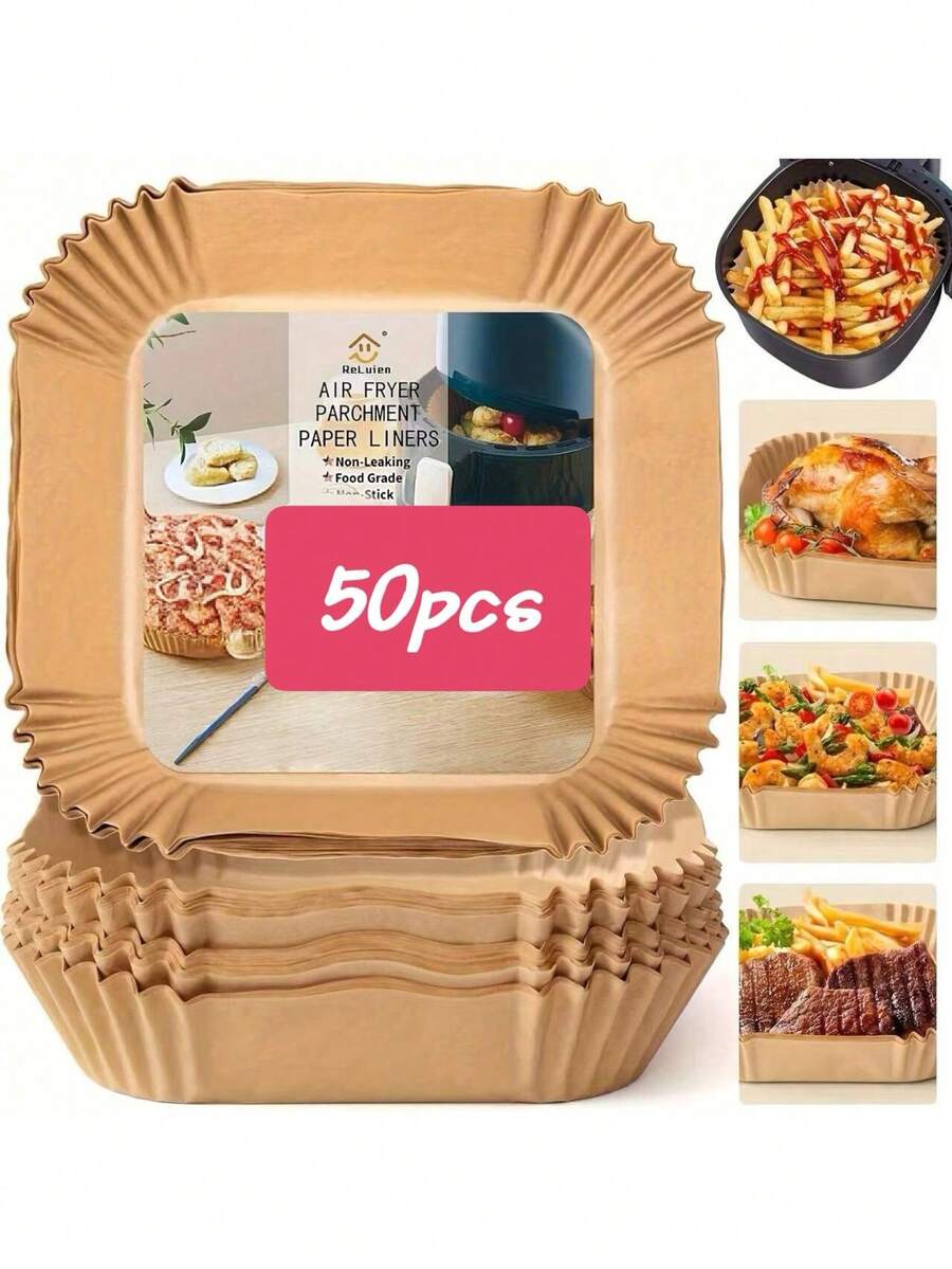 1/50/100/125片装空气炸锅烘焙纸，一次性空气炸锅垫，125片装不粘一次性空气炸锅垫，8英寸未漂白烘焙纸，方形空气炸锅垫，适用于5-8夸脱空气炸锅，可用于烘焙、烤制和微波炉烹饪。