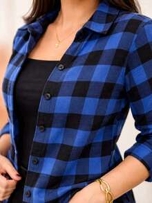 Women's Plaid Flannel Shirt Casual June Party Fashion Overlay Flannel Blouse Autumn Winter - 藍色 - 查看 6