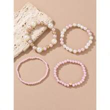 4pcsset Women Elegant Faux Pearl Beaded Bracelets Combination Fashion Party Accessories - Hồng - Xem 5