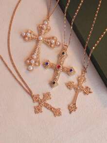 4pcs Fashion Punk Cross Pendant Necklace, EmbeddedFor Women's Daily Party, Couples Gift For Holidays - 金色 - 查看 6