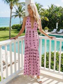Elegant Halter Maxi Dress For Women, Polka Dot Print, Sleeveless, Open Back, Ideal For Parties And Date Nights. - 粉色 - 查看 5