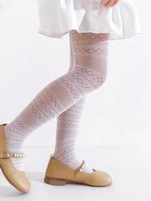 1 Set Girls' Diamond Jacquard Hollow Out Leggings, 2pcs Different Style Tight Fishnet Stockings, Suitable For Outfit In Spring/Summer - White - View 5
